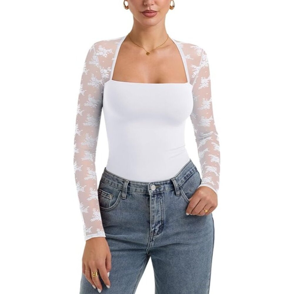 PINKMSTYLE Sexy Square Neck Lace Long Sleeve Top Trendy White  XL NEW WITH TAGS